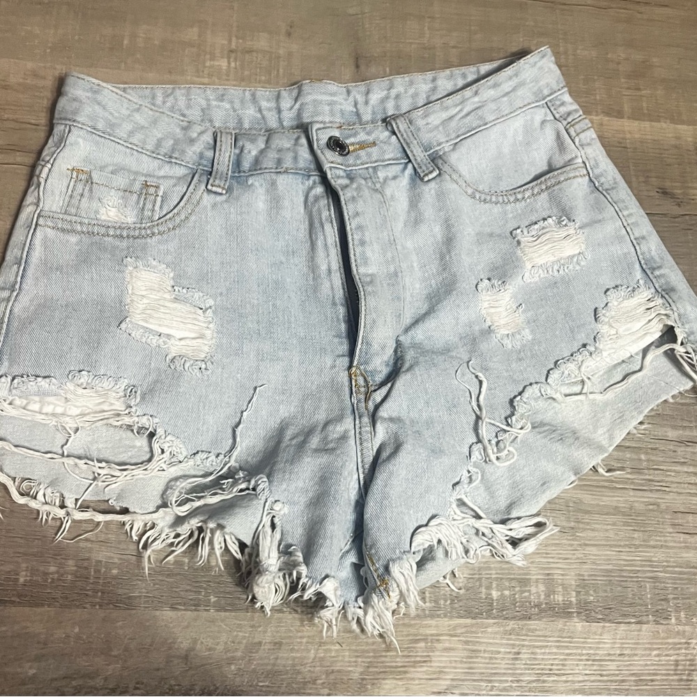 SHEIN Light Blue Frayed Denim Shorts